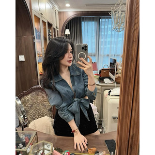Áo jean buộc nơ eo qc