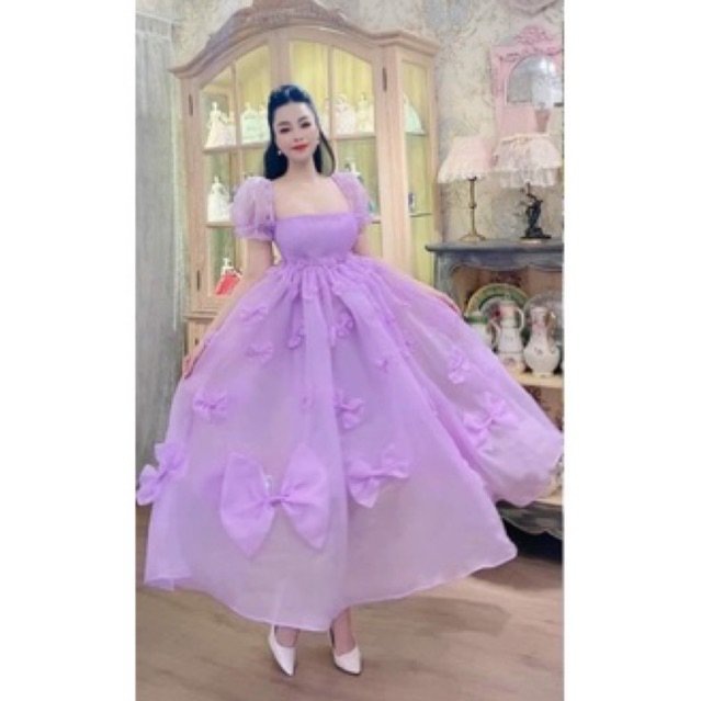 Đầm maxi đi biển đi tiệc voan tơ kiếng tay phồng kết siêu nơ siêu xinh cho các nàng thơ công chúa-MaxiTinTin