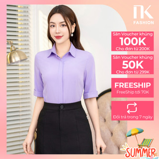 Áo Sơ Mi Nữ Cổ Đức Cộc Tay Lỡ Lơ Ve Xẻ NK FASHION Thời Trang Nữ, Thiết Kế Dáng Suông Công Sở Thoáng Mát NKSM2401010