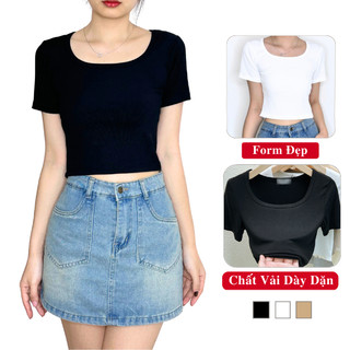 Áo Thun Tăm Cổ Vuông Tay Ngắn Madela Dáng Croptop, Áo Phông Croprop Cổ Vuông Cộc Tay Dáng Ôm Trơn Basic