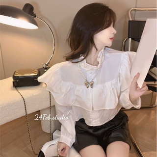 Áo sơ mi croptop dài tay viền bèo phong cách tiểu thư Hàn Quốc