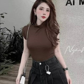 Áo thun nữ cổ ba phân tay hến dáng ôm chất thun mềm co dãn, áo phông nữ dáng ôm cổ cao tay hến sang chảnh
