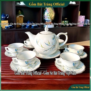 Bộ ấm chén bát tràng vẽ vàng họa tiết trúc chuồn, bộ ấm trà bát tràng cao cấp vẽ trúc chuồn