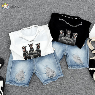 Bộ jean BA LỖ SÁT NÁCH kèm vòng cổ có thể tháo rời, in hình 3 chú chó cực sành điệu, sang xịn cho bé trai từ 8-