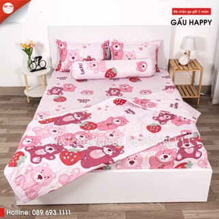 Bộ Set 5 món ga drap giường poly, ga trải giường + 2 vỏ gối nằm +1 chăn hè chần bông+ 1 vỏ gối ôm MẪU GẤU DÂU