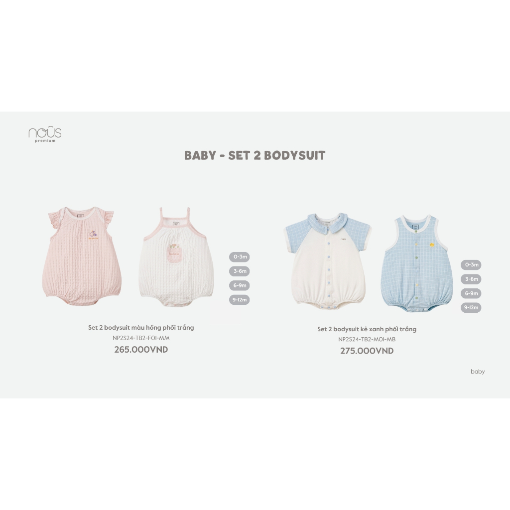 Set 2 bộ bodysuit Nous cộc tay, hai dây phối nhiều màu chất liệu mềm mại dành cho bé từ 0-3 tháng đến 9-12 tháng