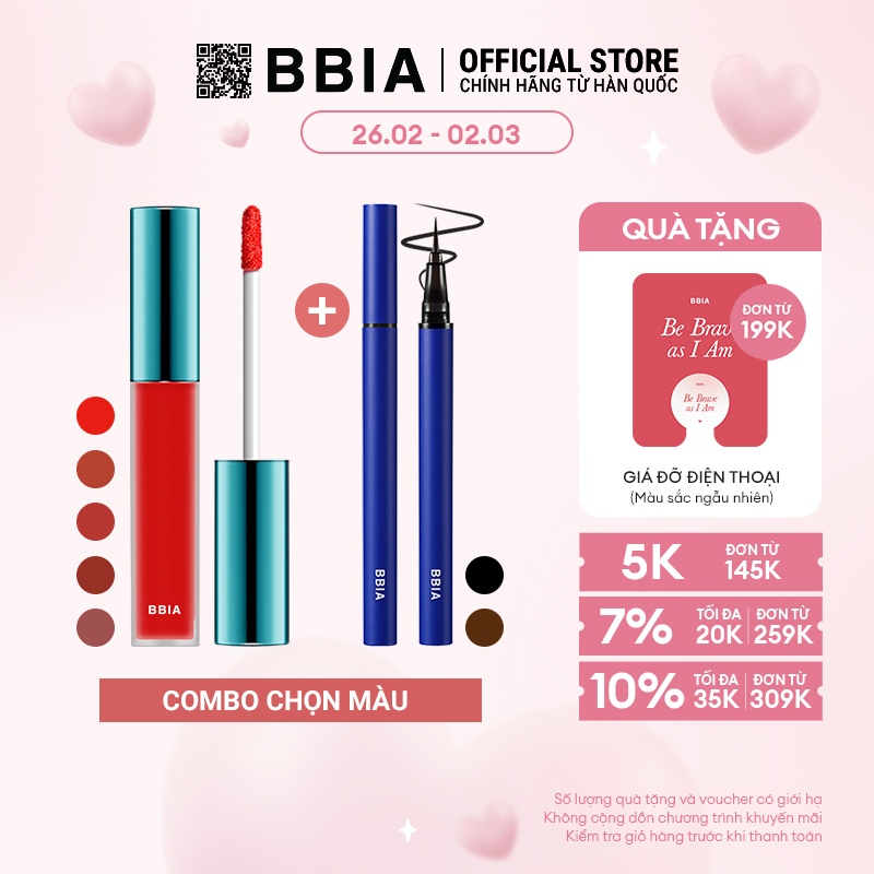 Combo cho Nàng bao gồm 1 Son Kem Lì Bbia Last Velvet Lip Tint màu tự chọn ( 25, 36, 12, 24, 02) và 1 Kẻ mắt nước