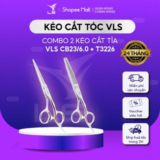 Combo 2 kéo cắt tỉa cao cấp VLS, kéo cắt lưỡi thẳng chuôi offset vênh CB23, kéo tỉa chuôi off set vênh răng cong T3226