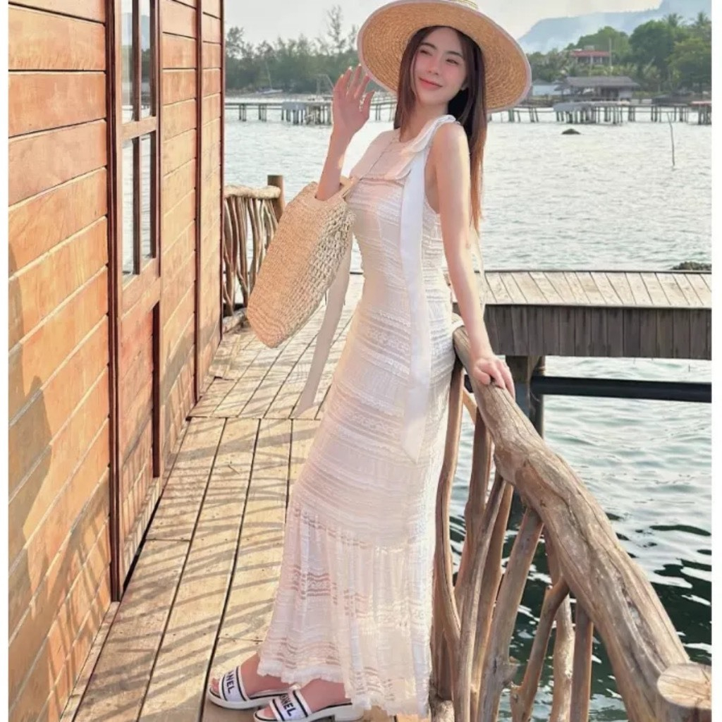 Đầm Ren Maxi Đi Biển Dáng Suông Dài Phối Nơ Cột Vai Tone Màu Kem Pastel Xinh Xắn Dễ Thương Hot Du Lịch, Cafe Dạo Phố