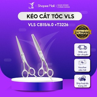 Combo 2 kéo cắt tỉa cao cấp VLS,Kéo cắt lưỡi thẳng chuôi cân xứng CB15/6.0,Kéo tỉa chuôi offset vênh răng cong T3226