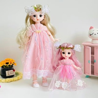 Combo 2 búp bê chị em Mipan 30cm và 17cm kèm áo quần đang mặc như hình