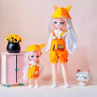 Combo 2 búp bê chị em Mipan 30cm và 17cm kèm áo quần đang mặc như hình