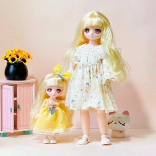 Combo 2 búp bê chị em Mipan 30cm và 17cm kèm áo quần đang mặc như hình