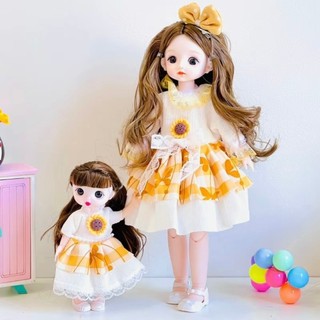 Combo 2 búp bê chị em Mipan 30cm và 17cm kèm áo quần đang mặc như hình