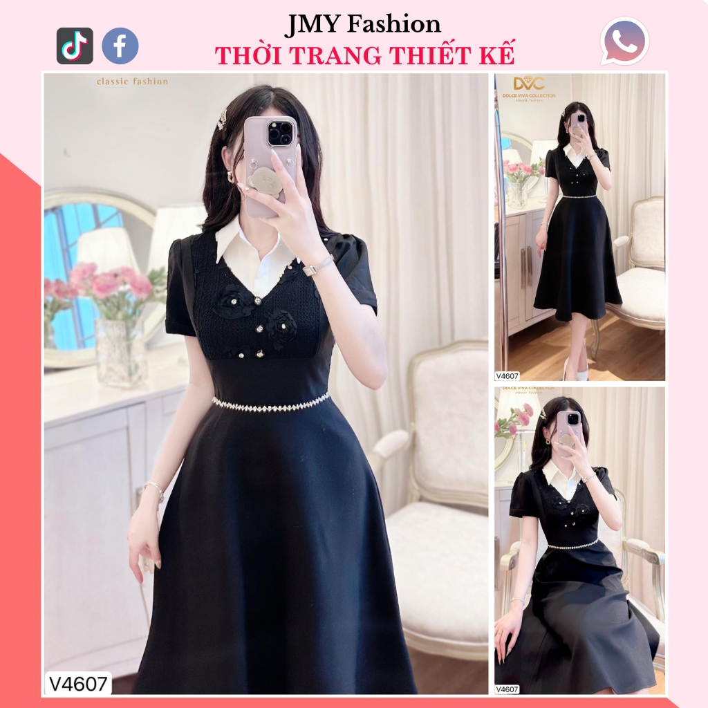 đầm đen xòe đai eo đính đá sang chảnh