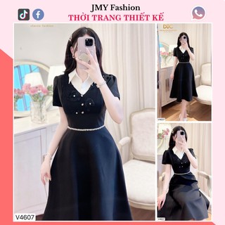 V4607 Váy xòe đen cổ sơ mi trắng phối ren hoa nổi [Dolce Viva Colection (DVC)] đầm đen xòe đai eo đính đá sang chảnh