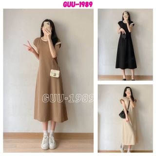 Váy thời trang nữ phối màu viền cổ và tay dáng dài chữ A - Đầm thun cộc tay phong cách ulzzang hàn quốc - GUU1989 V152