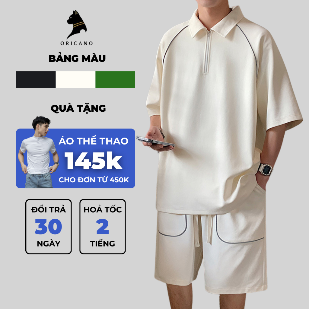 Đồ Bộ Nam ORICANO Cổ Bẻ, Bộ Quần Áo Nam Mùa Hè Set Đồ Nam Mix Dây Phản Quang Chất Cotton Tăm Cao Cấp Oversize Thoáng Mát