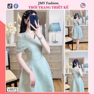 V4573 Váy gấm xanh pastel cổ V dáng xòe nữ tính [Dolce Viva Colection (DVC)] váy gấm xanh mint trễ vai sang chảnh