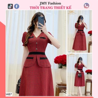 V4487 Váy kẻ đỏ đen xòe cổ V công sở đầm xòe đỏ kẻ viền đen nữ tính