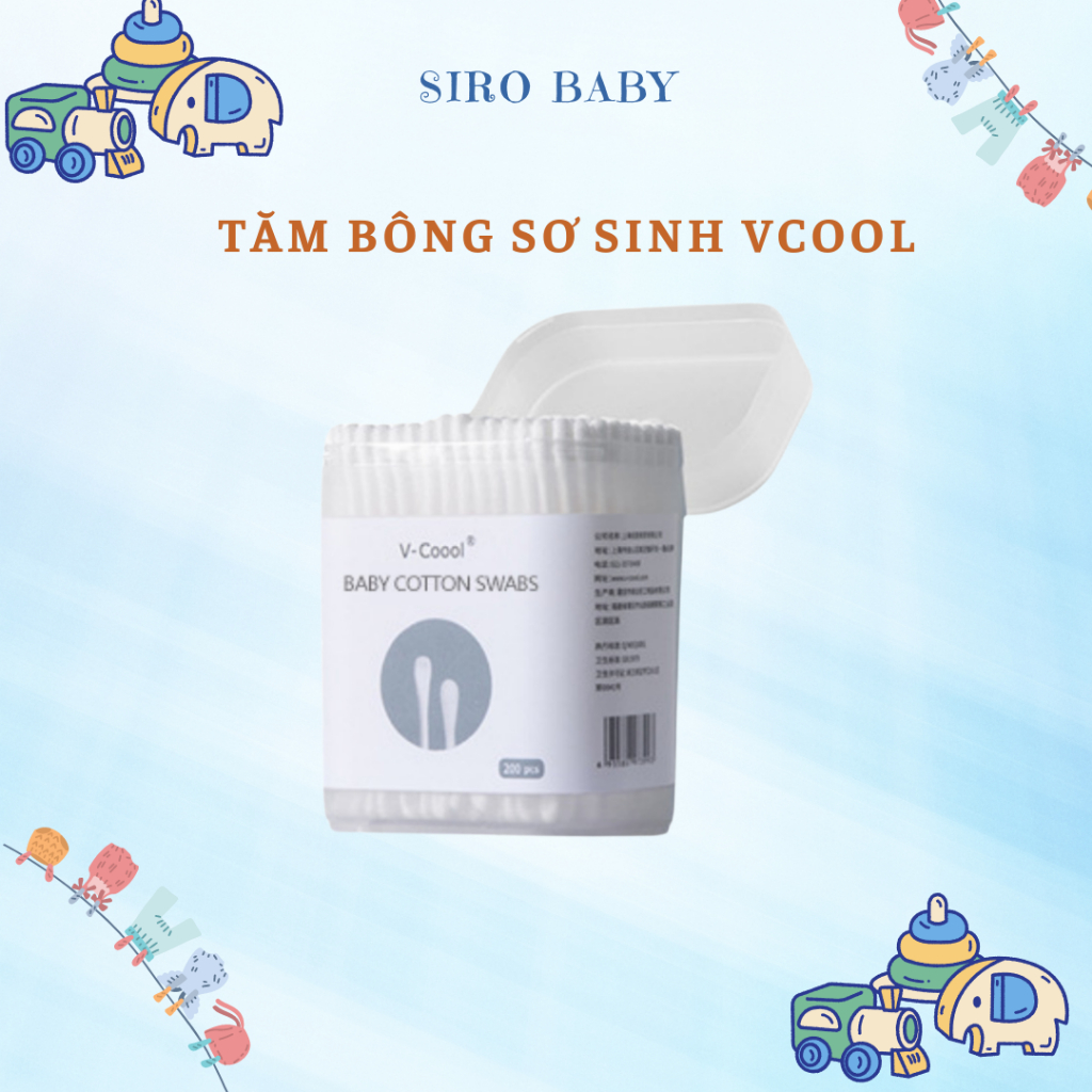 Tăm bông Vcool cho bé sơ sinh và trẻ em hộp 200 que 2 đầu dẹt và tròn