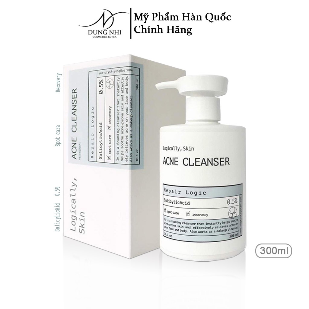 Sữa rửa mặt sinh học Logically, Skin ACNE CLEANSER 300ml -Cải thiện mụn cho da, dịu nhẹ hàng ngày cho mọi loại da