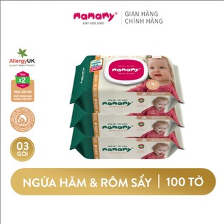 Combo 3 Khăn giấy ướt 100 tờ có nắp chủ động ngừa hăm Mamamy