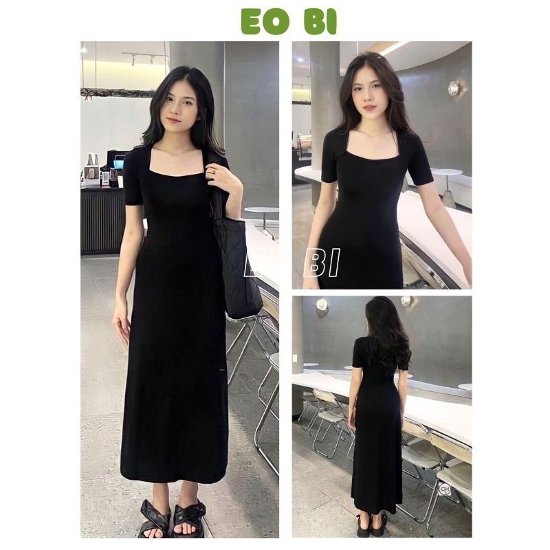 Đầm suông chất cotton cổ vuông tay ngắn dáng dài - Váy suông trơn tay cách điệu co dãn from rộng thời trang - EOBI