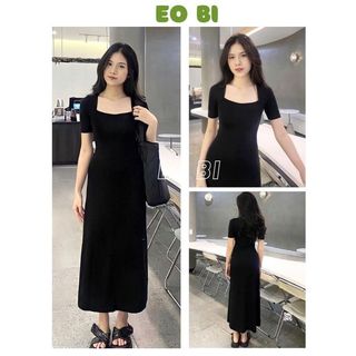 Đầm suông chất cotton cổ vuông tay ngắn dáng dài - Váy suông trơn tay cách điệu co dãn from rộng thời trang - EOBI