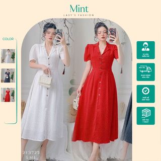 Đầm dáng dài cổ vest họa tiết chấm bi trẻ trung, Váy thiết kế 2 lớp cao cấp khóa kéo ẩn tinh tế