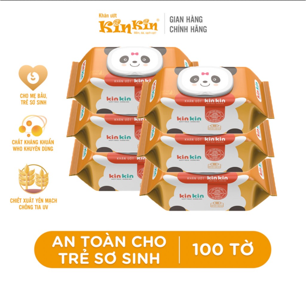 Khăn ướt cho bé chăm sóc da KinKin có nắp 100 tờ/gói - Combo 6 gói