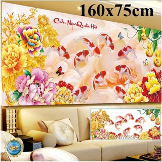 tranh đính đá cá chép hoa sen cửu ngư quần hội kt 160x75cm