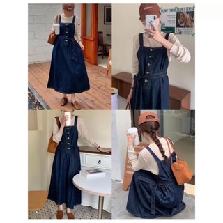 Váy yếm bò 2 dây cài cúc hàn quốc dáng dài trẻ trung ulzzang, váy bò tiểu thư có dây buộc eo siêu đẹp