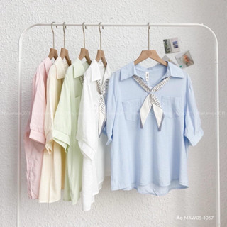 Áo sơ mi trơn hai túi ngực tay cộc nhiều màu kèm khăn lụa hàng QC A364