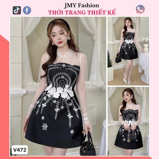 V472 Váy tafta phối voan lưới sơ mi tay dài dự tiệc [TH Hà Thanh] đầm đen tafta dáng A đính hoa nổi trắng sang chảnh