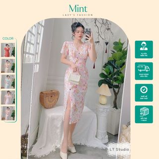 Đầm xẻ tà chất liệu voan cao cấp có lót lụa, Váy hoa nhí dáng bút chì cổ tim phối nút lệch nhẹ nhàng, thanh lịch
