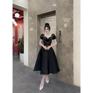 Đầm nữ thiết kế mặc dự tiệc chất Tapta cổ vuông cúp ngực có mút đính cườm tay phồng ngắn váy maxi dáng xoè thời trang