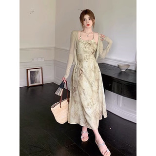 [ẢNH THẬT Ở CUỐI] Đầm cổ yếm in họa tiết chic eo + áo cardigan dệt kim phong cách tiểu thư Trung Hoa