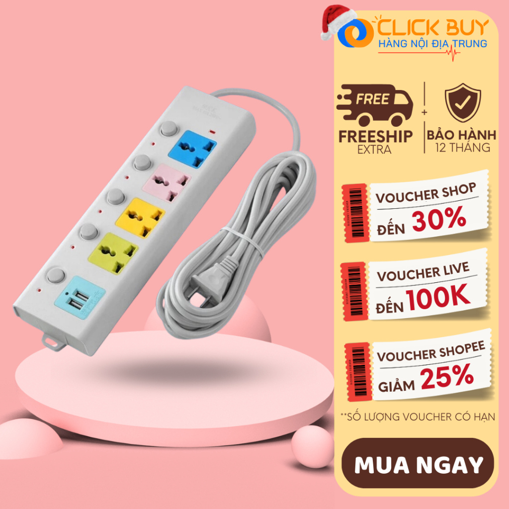 Ổ Cắm Điện Đa Năng Thông Minh Ổ Điện 6 Lỗ Có Kèm Cổng Sạc USB Có Chốt An Toàn Dây Dài 1,8M 2.5M 4.M Tiện Lợi