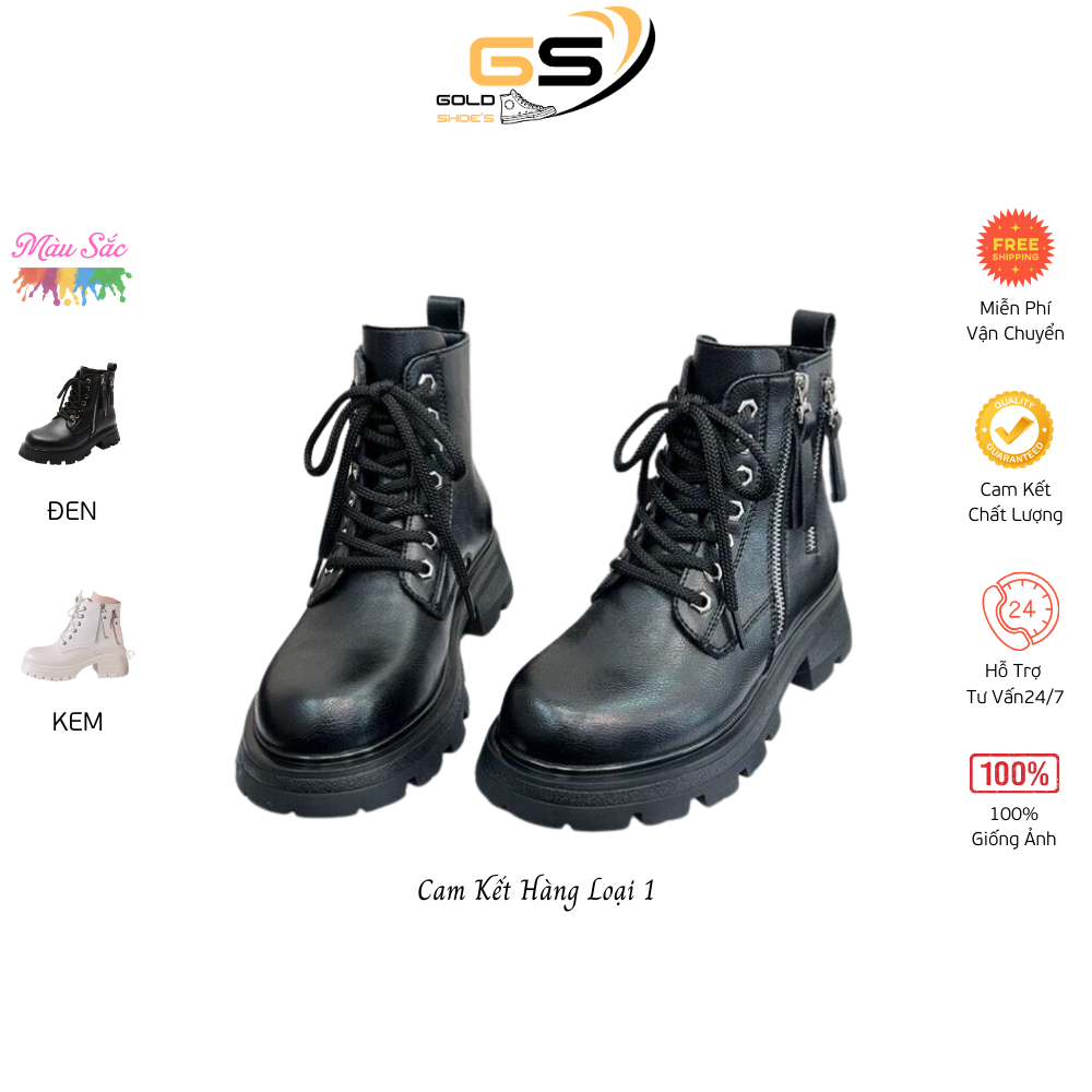 Giày bốt Martin cố ngắn, Bốt nữ ngắn da mềm, nâng đế tăng chiều cao