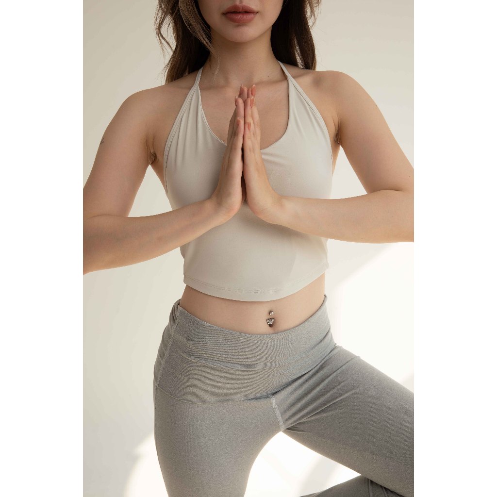 Áo bra tập gym yoga THE BLOOMBLADE Camellia Tie Tank cổ yếm màu trắng xi măng