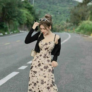 Đầm maxi trễ vai dáng xòe chất lụa in hòa kèm áo khoác dài tay chất thun gân phù hợp đi chơi đi biển Ht109