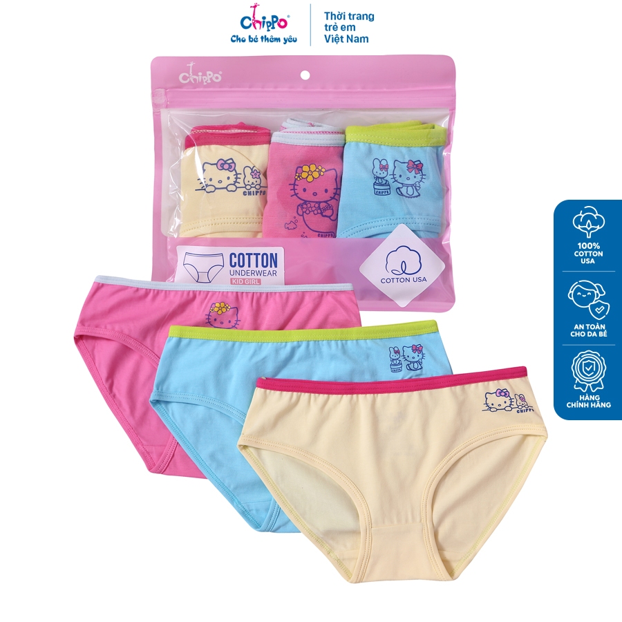Set 3 quần chip bé gái Chippo 100% cotton Quần lót bé gái từ 10 đến 42kg