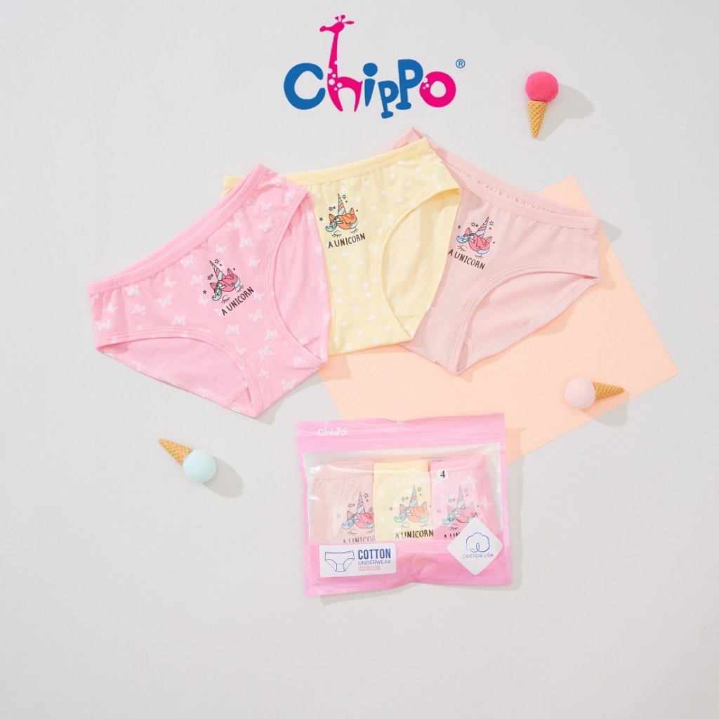 Set 3 quần chip bé gái Chippo 100% cotton Quần lót bé gái từ 10 đến 42kg