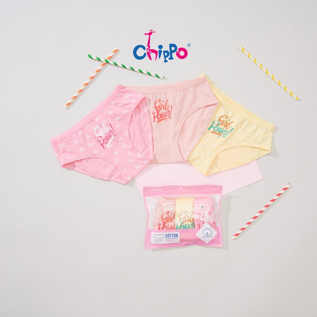 Set 3 quần chip bé gái Chippo 100% cotton Quần lót bé gái từ 10 đến 42kg