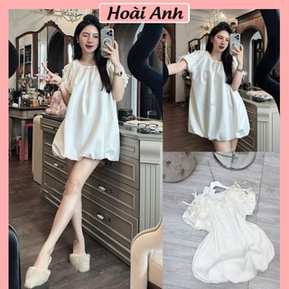 Váy Nơ Bồng Boom 2 Lớp Màu Kem Dáng Babydoll Đầm Kaki Lụa tay Bồng Dây Nơ Buộc Freesize