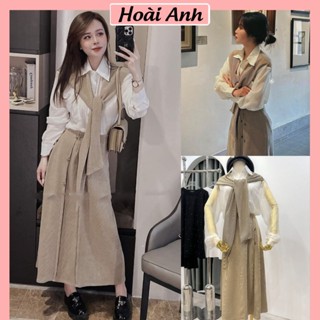 Set Bộ Đồ Nữ Áo Sơ Mi Trắng Tơ Đũi Nhăn Phối Cổ Khăn Buộc Mix Chân Váy Tăm Nhung Dáng Dài