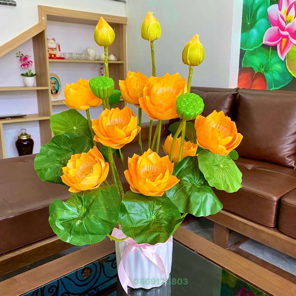 Hoa giả cắm sẵn - Chậu hoa sen giả cao cấp kèm bình sứ trang trí phòng khách, phòng ngủ, bàn trà.