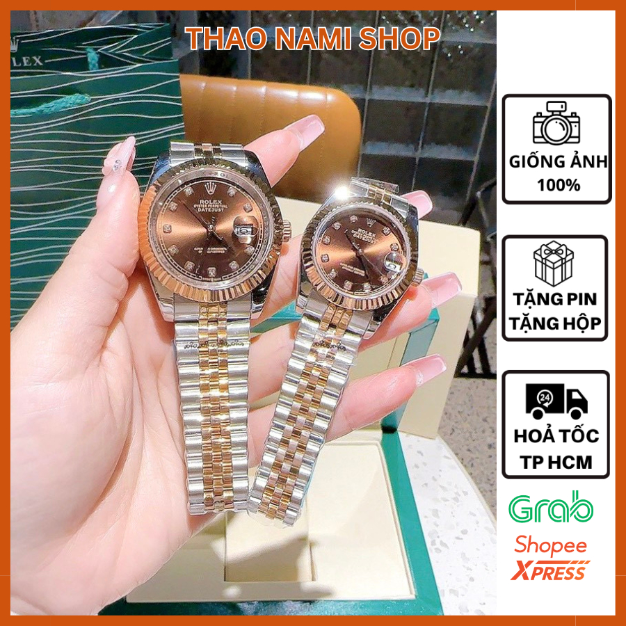 Đồng hồ Rolex Nữ Nam, đồng hồ rolex cặp đôi dây thép khóa gập màu nâu cafe sang trọng cực hot - ThaoNami