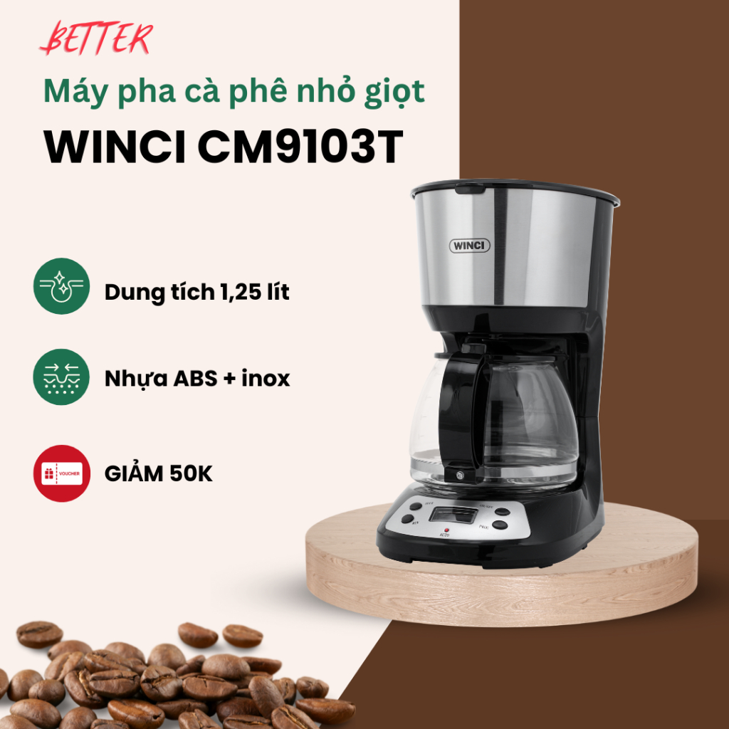 Máy Pha Cà Phê Tự Động và Pha Trà Winci CM9103T, Dung Tích 1.25L, Bảo hành 12 tháng.